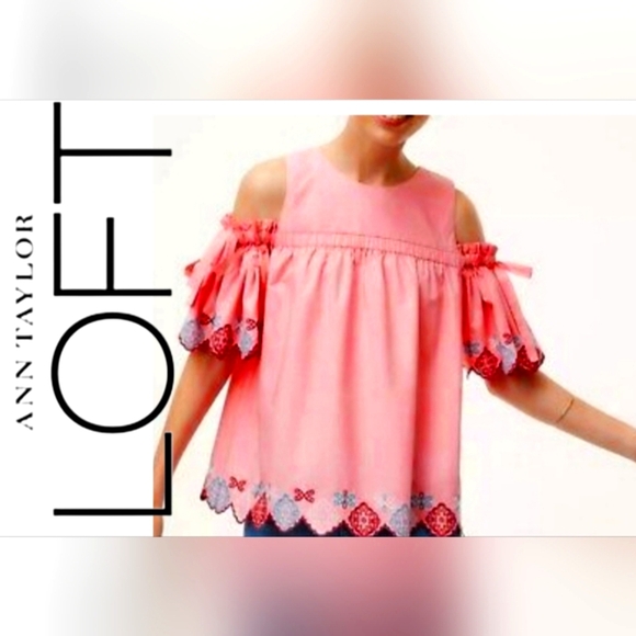 LOFT By Ann Taylor Pink Cold Shoulder Embroidered Peasant Top Size Medium - Picture 1 of 16